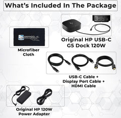 HP Docking Station for Laptop Dual Monitor and Charging Bundle - HP USB-C G5 Dock 5TW10AA / 5TW10UT / 5TW10AA#ABB with 120W Adapter, HDMI, DisplayPort, USB-C Cables & Microfiber Cleaning Cloth