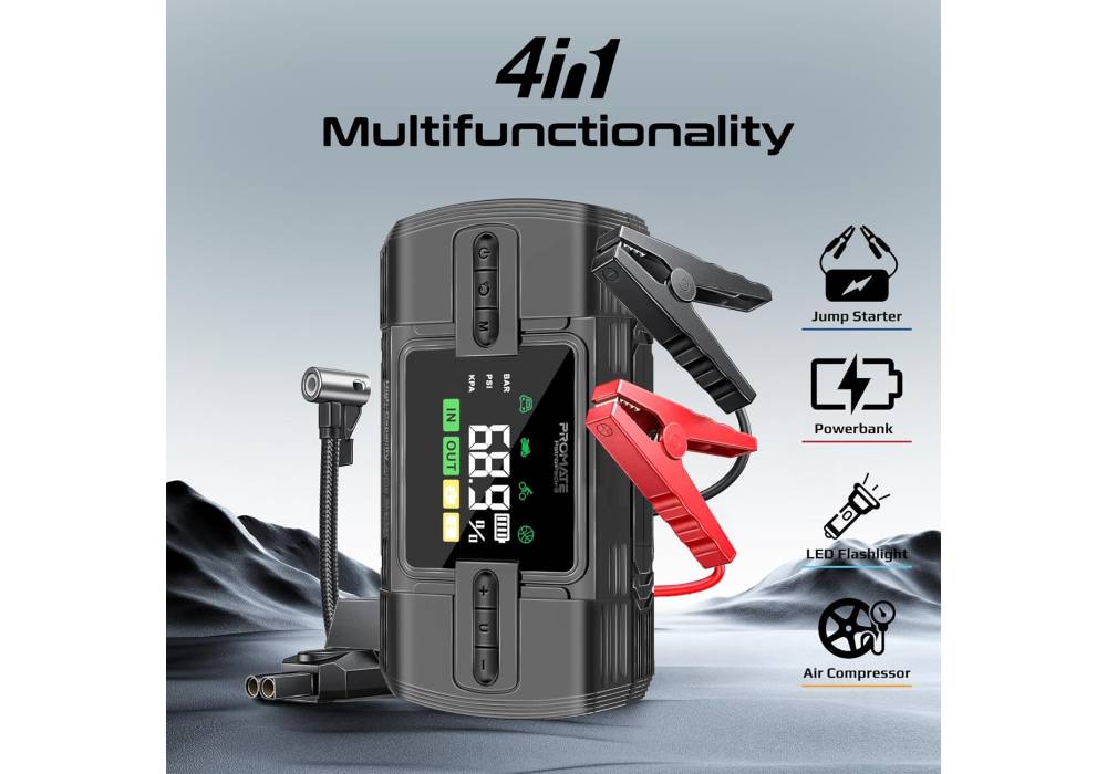 Promate Portable Car Jump Starter with 150PSI Air Compressor, 4-in-1 Electric Air Pump with 12000mAh Power Bank, USB-A & QC 3.0 Ports, Reverse Polarity Protection for Car Tires, PatrolPack-3 Black