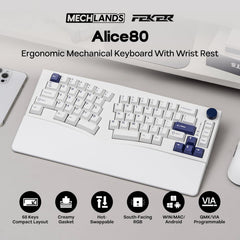 Feker Alice80 68 Keys Ergonomic Mechanical Keyboard, QMK & VIA Programmable, Wired Gaming Keyboard with Creamy Gasket, Hot Swappable, 5 Layer Paddings, NKRO, RGB for Win/Mac (White)