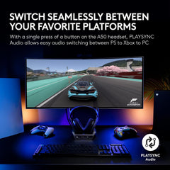 Astro A50 Multi-Platform Wireless Gaming Headset + Base Station for PS5/Xbox/PC: PLAYSYNC Audio Switcher, <16bit/48kHz (Console), <24bit/48kHz (PC), 24hr Battery, 2.4GHz & BT - White