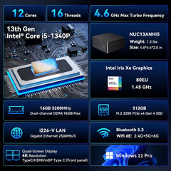 Intel NUC 13 ProοΌFor ASUS NUC13ANHi5 Pro Arena Canyon Mini PC, 13th Core i5-1340p, 16GB RAM & 512GB SSD, Win 11 Pro, Support 4K Quad Display, WiFi 6, VESA/Home/Business Mini Desktop Computer(NUC13ANH)