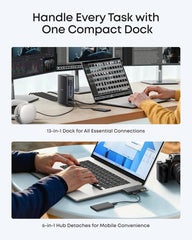 Nano 13-in-1 Laptop Docking Station with Detachable 6-in-1 Hub, USB-C 3 Display Docking (2 HDMI+1 DP), 10 Gbps USB-C, 3 USB-A, Audio, SD/TF, Ethernet, 100W Max PD for Dell/Lenovo/HP Home Office