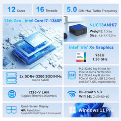 Intel NUC 13 PRO NUC13ANHi7 Arena Canyon, 13TH Gen CPU, 0GB RAM 0GB SSD NO OS, Intel Core i7-1360P Mini Desktop Computer, 8K/4K UHD, Gigabit Ethernet/WiFi-6/VESA for Business/Office/Home Barebones