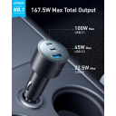 Anker Car Charger – 167.5W Triple‑Port Power, 100W USB‑C Fast Laptop Charging, 45W USB‑C Reliable Output, 22.5W USB‑A, Compact Design - 18 Months Warranty