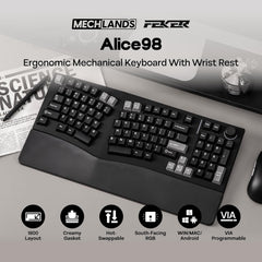 Feker Alice98 Ergonomic 98 Keys Custom Mechanical Keyboard, VIA Programmable, USB-C Wired Gaming Keyboard, Hot Swappable, 5 Layer Paddings, Control Knob, NKRO, RGB for Win/Mac (Black)