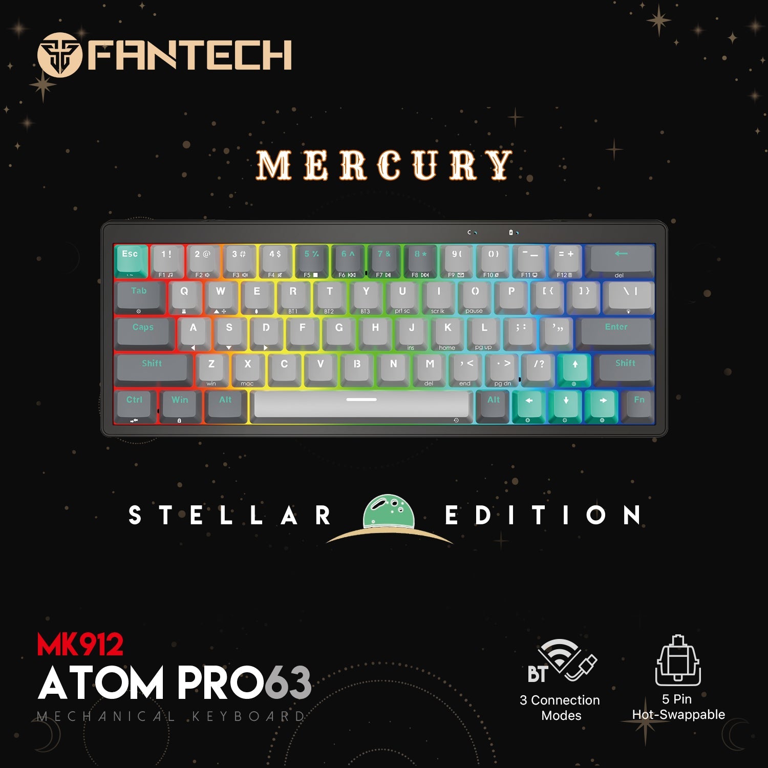 Fantech MK912 ATOM PRO63 RGB Bluetooth, Wireless Gaming keyboard Mercury - CompuMe