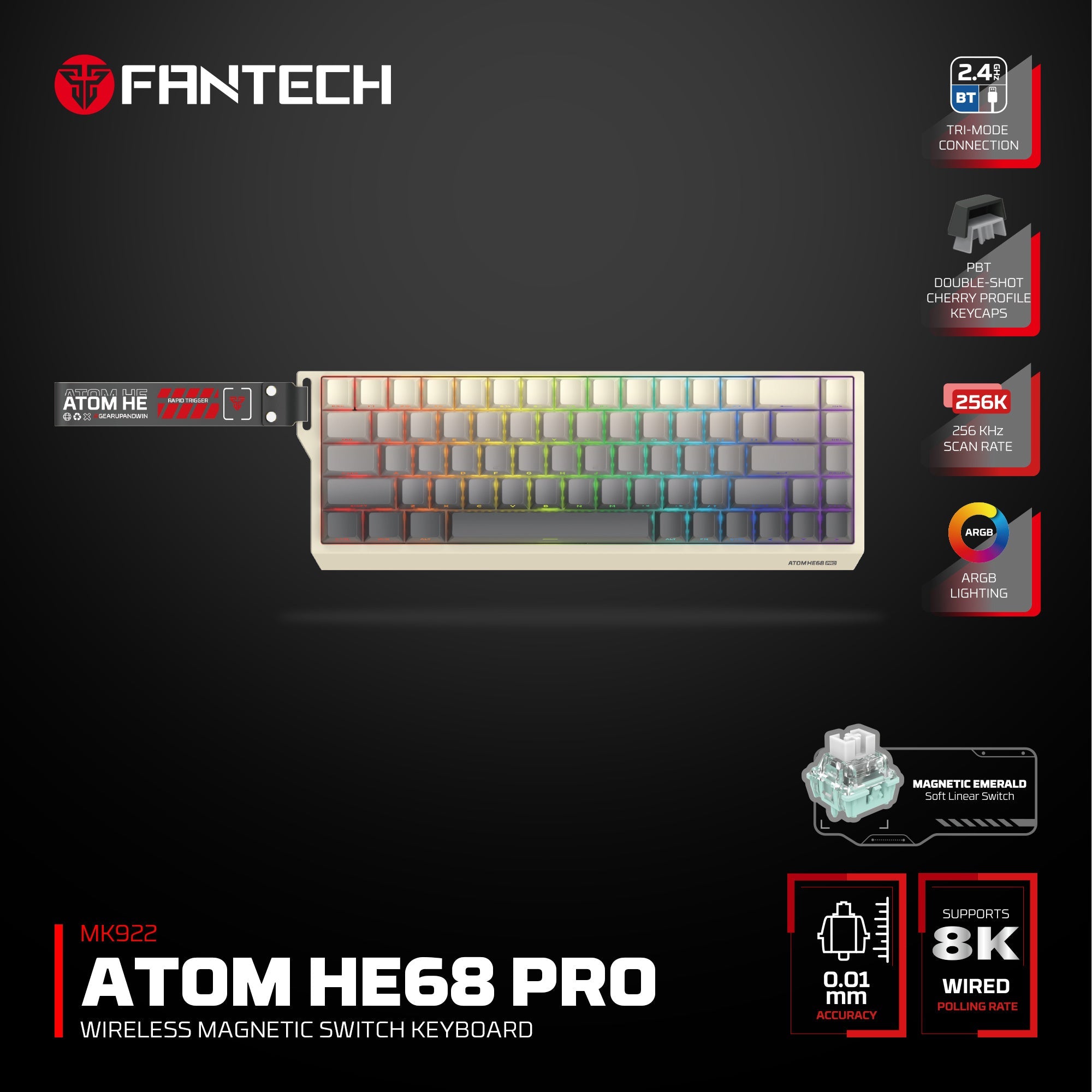 Fantech Keyboard ATOM HE68 MK922 MAGNETIC SWITCH - RETRO BEIGE with gaming keyboard