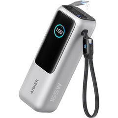 Anker Zolo Power Bank 165W, 25,000mAh Portable Charger with Triple 100W USB-C Ports for Multi-Device Charging, Built-in and Retractable Cables, for iPhone 16/15 Series, MacBook, Samsung, and Laptop's - Silver