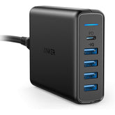 Anker Powerport 60w 5 Port Desktop Charger, With One 30w Power Delivery Port For Apple Macbook, Nexus 5x/6p, And 4 Poweriq Ports For Iphone, Ipad, And More. Black