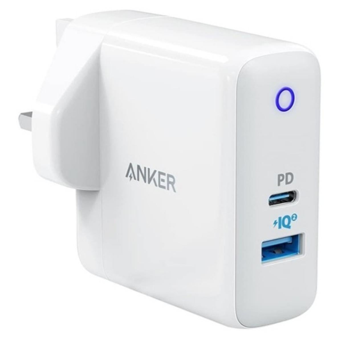 Anker Powerport Pd+ 18w Type C + 15w Usb A With Led Indicator, Uk Plug Wall Charger White - CompuMe Anker Powerport Pd+ 18w Type C + 15w Usb A With Led Indicator, Uk Plug Wall Charger White - CompuMe