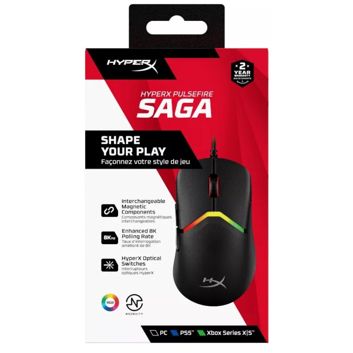 HyperX Pulsefire Saga Wired Lightweight (69g) RGB Gaming Mouse, 26K DPI, 8KHz Tracking Polling Rate, Optical Mechanical Switches - For PC/Xbox/PS5 | A2PB3AA | HyperX Pulsefire Saga Wired Lightweight (69g) RGB Gaming Mouse, 26K DPI, 8KHz Tracking Polling Rate, Optical Mechanical Switches - For PC/Xbox/PS5 | A2PB3AA |
