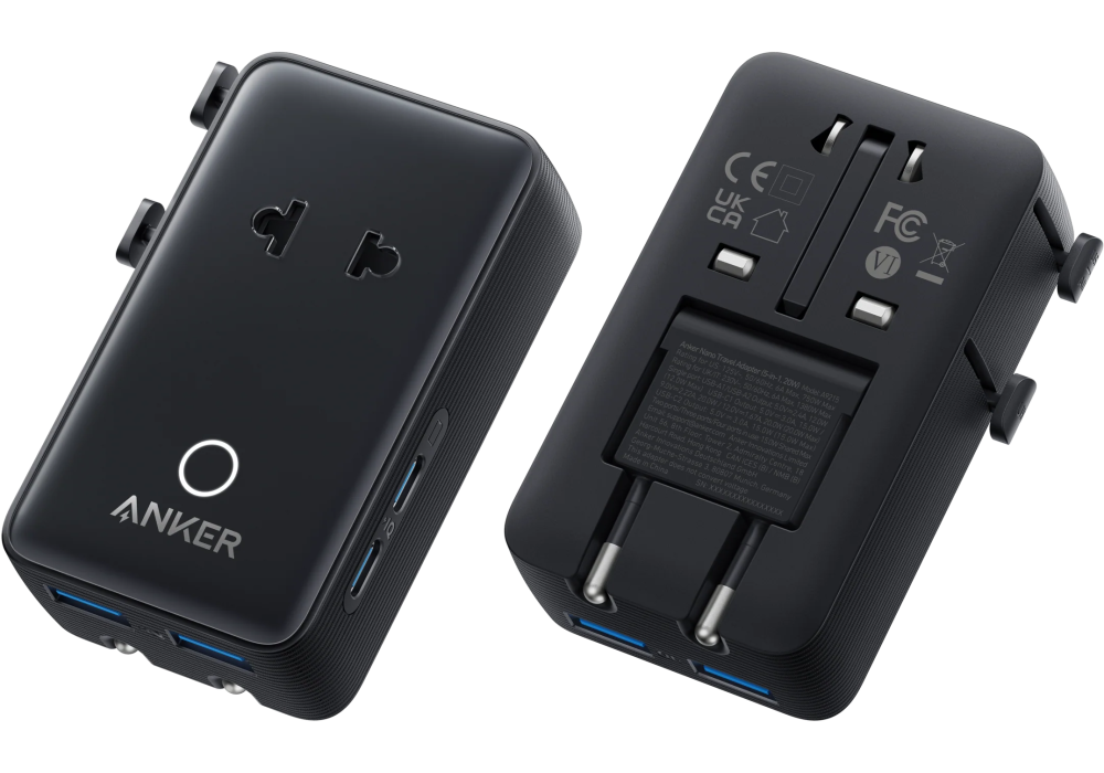Anker Nano Travel Adapter – 5‑in‑1 Universal Plug (Type A/I/G/C), 20W USB‑C Fast Charging, Compact Foldable Design, Charge 5 Devices Simultaneously - 18 Months Warranty