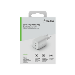 Belkin Boost Charge Pro Dual, USB-C PD GaN Fast Charger, 65Watts, White - WCH013vfWH