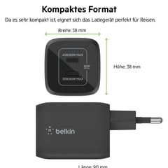 Belkin Boost Charge Pro Dual, USB-C PD GaN Fast Charger, 65Watts, Black - WCH013vfBK