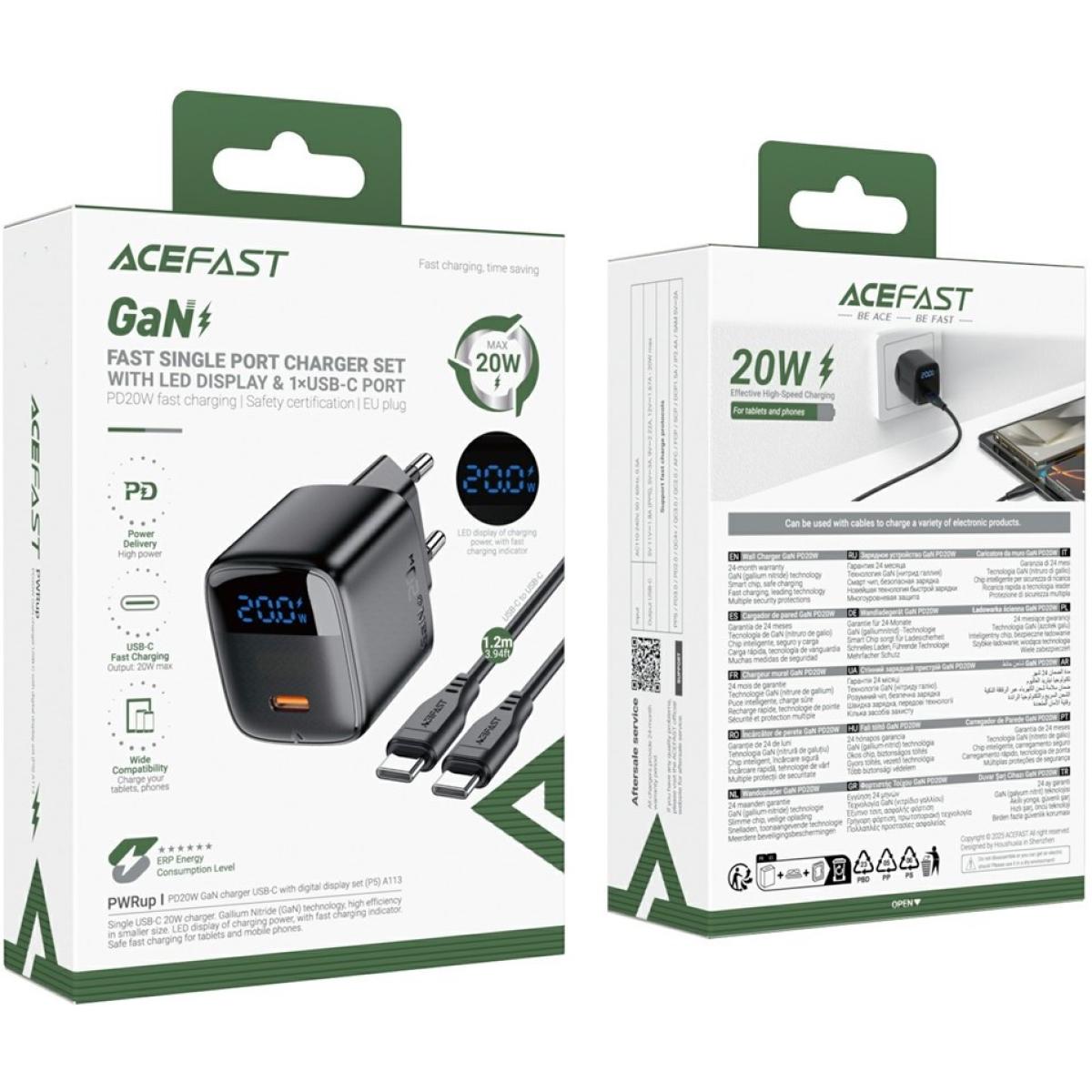 ACEFAST A113 Fast Charge Wall Charger 20W GaN LED Digital Display Multiple Safety Proteion 1x USB - C - EU Interface