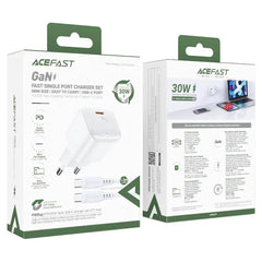 ACEFAST A77 Mini PD 30W GaN Wall Charger Type - C Port Phone Fast Charging Adapter, EU Plug + USB - C Cable - White
