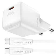 ACEFAST A77 Mini PD 30W GaN Wall Charger Type - C Port Phone Fast Charging Adapter, EU Plug + USB - C Cable - White