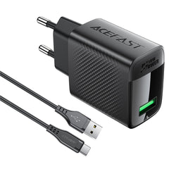 Acefast A90 Gan Wall Charger Qc 18w Single Usb A Power Adapter With Type C Cable Eu Plug Black