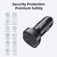 ACEFAST B2-72W Dual USB-C, Dual-port Metal Fast Car Charger, Support PD30W, PPS, QC3.0/QC2.0, AFC, FCP, Compatible with Xiaomi, iPhone, Samsung, Oppo - Black