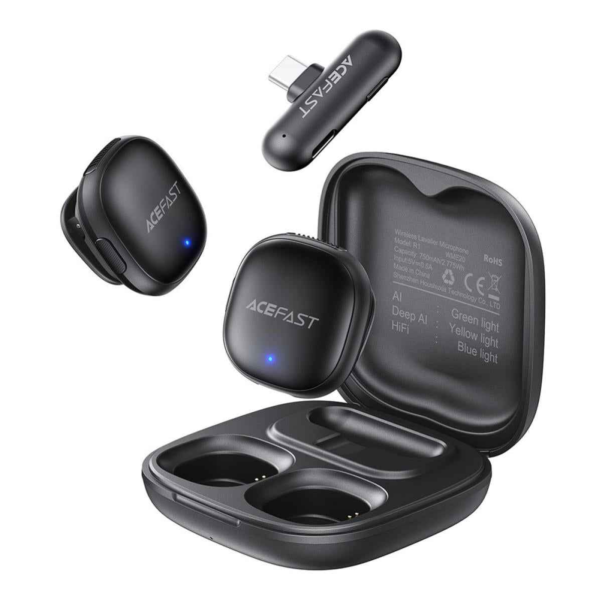 Acefast R1 Wireless Lavalier Dual Microphone For Iphone Android Usb C 360° Omnidireional Deep Ai Noise Cancellation Black