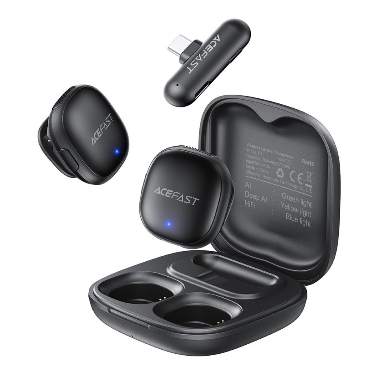 Acefast R1 Wireless Lavalier Dual Microphone For Iphone Android Usb C 360° Omnidireional Deep Ai Noise Cancellation Black Acefast R1 Wireless Lavalier Dual Microphone For Iphone Android Usb C 360° Omnidireional Deep Ai Noise Cancellation Black