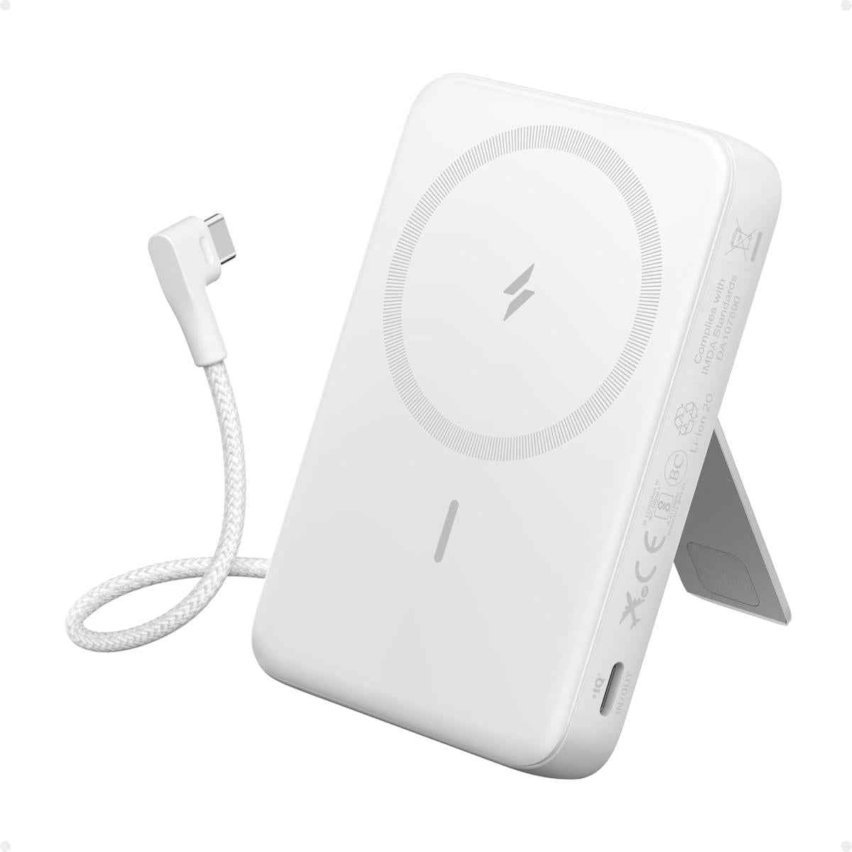Anker Zolo Magnetic Power Bank, 10,000mah Wireless Portable Charger With 30w Max Fast Charging, Battery Pack With Built In Usb C Cable And Adjustable Stand, For Iphone 16/15 Series, Airpods White