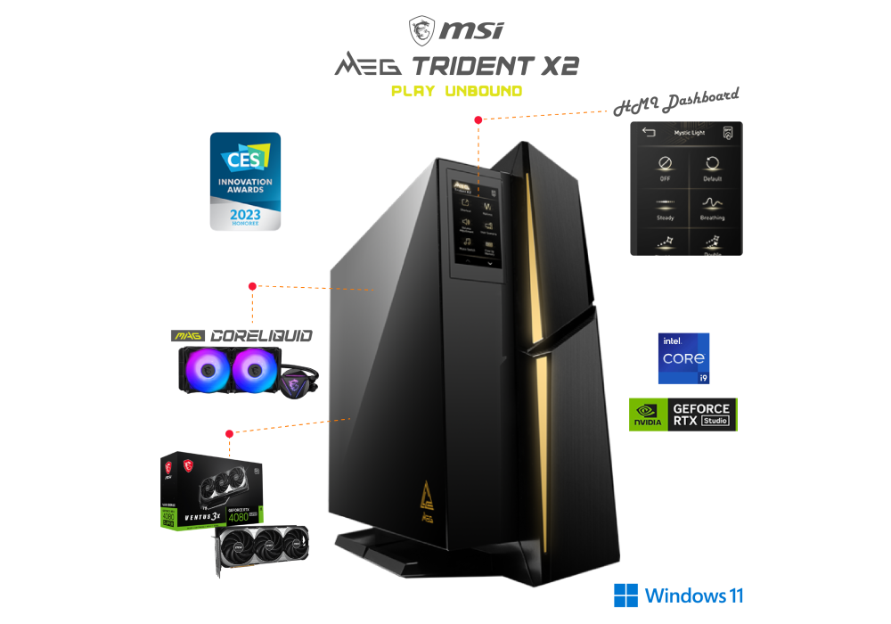 MSI MEG Trident X2 Gaming Desktop Intel Core i9 14900KF Processor 24-Cores NVIDIA GeForce RTX 4080 SUPER Ventus 16GB GDDR6X 3X With HMI Touch Dashboard MSI MEG Trident X2 Gaming Desktop Intel Core i9 14900KF Processor 24-Cores NVIDIA GeForce RTX 4080 SUPER Ventus 16GB GDDR6X 3X With HMI Touch Dashboard