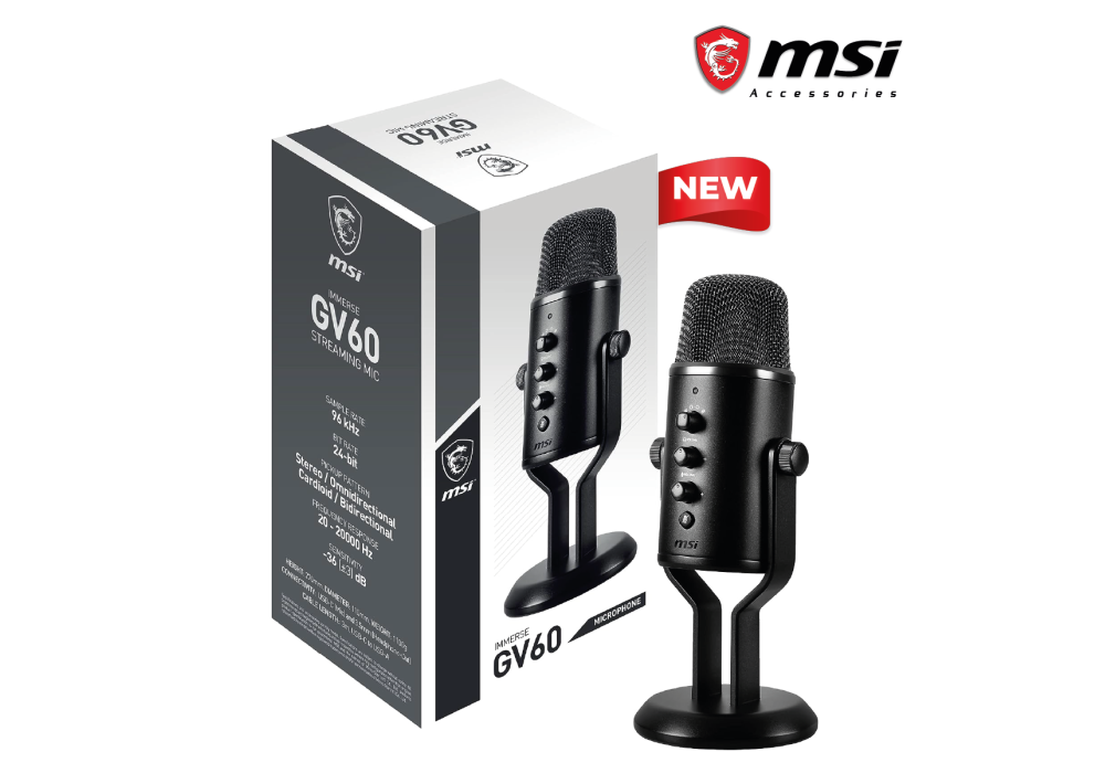 MSI IMMERSE GV60 Streaming Professional MIC USB Type-C Interface & 3.5mm Aux, with Intuitive Control in 4 Modes Stereo, Omnidirectional, Cardioid and Bidirectional