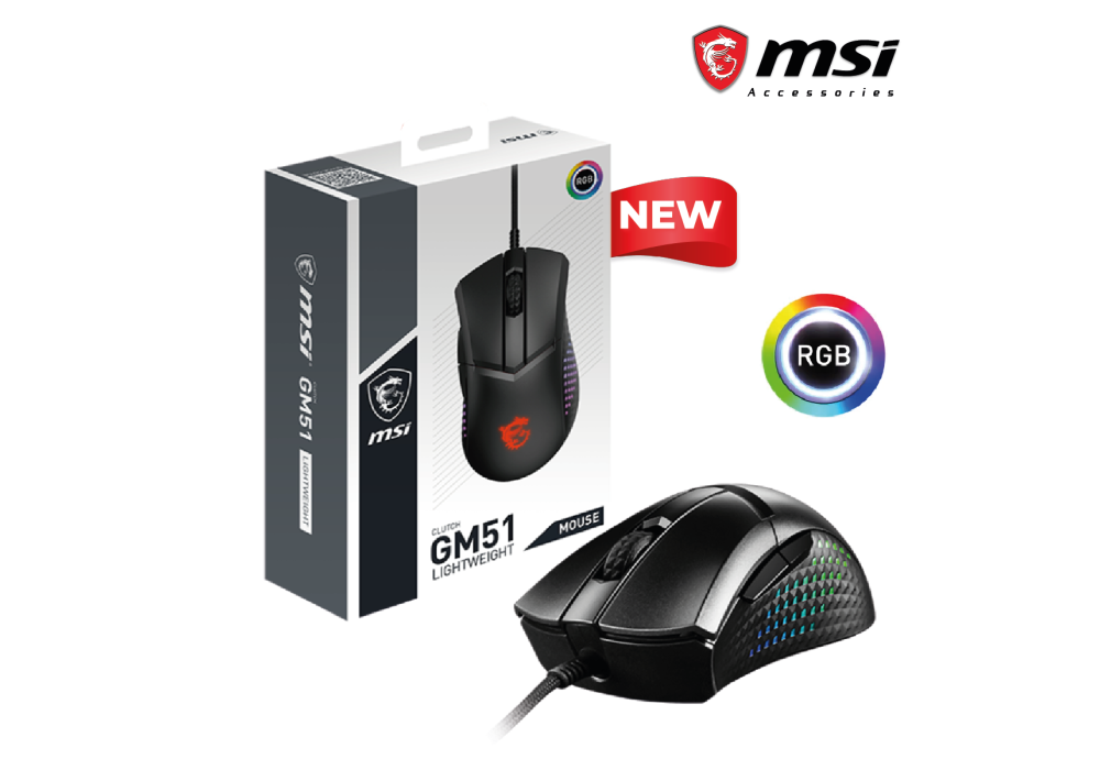 MSI CLUTCH GM51 Wired 75g lightweight Gaming Mouse 16000 Dpi FriXionFree Cable 3 Zone RGB BUTTONS 6 KEY SWITCHES OMRON