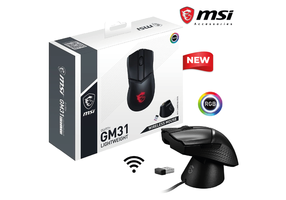 MSI Clutch GM31 Lightweight Wireless Ergonomic Gaming Mouse & Charging Dock, 12K DPI Optical Sensor, 60M Omron Switches, Fast-Charging 110Hr Battery, RGB Mystic Light, 5 Programmable Buttons MSI Clutch GM31 Lightweight Wireless Ergonomic Gaming Mouse & Charging Dock, 12K DPI Optical Sensor, 60M Omron Switches, Fast-Charging 110Hr Battery, RGB Mystic Light, 5 Programmable Buttons