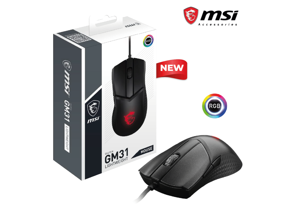 MSI CLUTCH GM31 LIGHTWEIGHT Gaming Mouse - 12000 DPI Optical Sensor, Right-Handed, 60M+ Click OMRON Switches, 6-Buttons, FriXionFree Cable, 1ms Latency, RGB Mystic Light, 58g