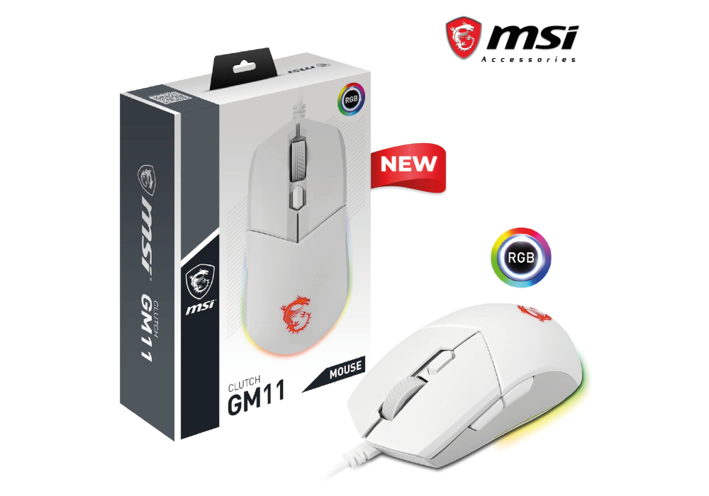 MSI Clutch GM11 White Gaming Mouse, 5000 DPI, 10M Omron Switches, Optical Sensor, Symmetrical Ergonomic Design, RGB Mystic Light Compatible