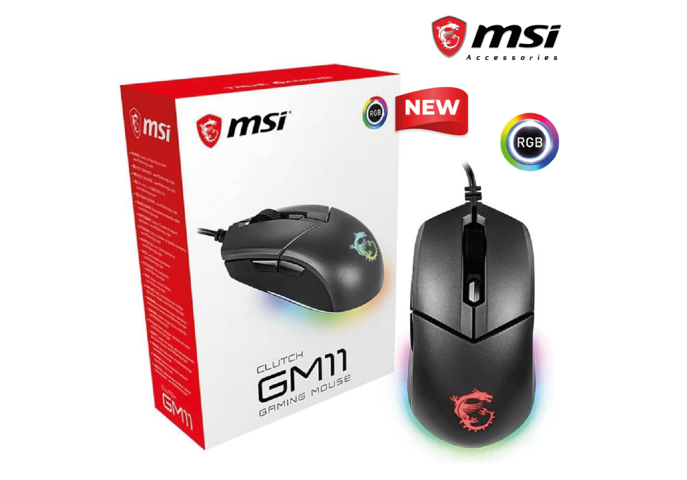 MSI CLUTCH GM11 Gaming Mouse, 5000 DPI, 10M Omron Switches, Optical Sensor, Symmetrical Ergonomic Design, RGB Mystic Light Compatible