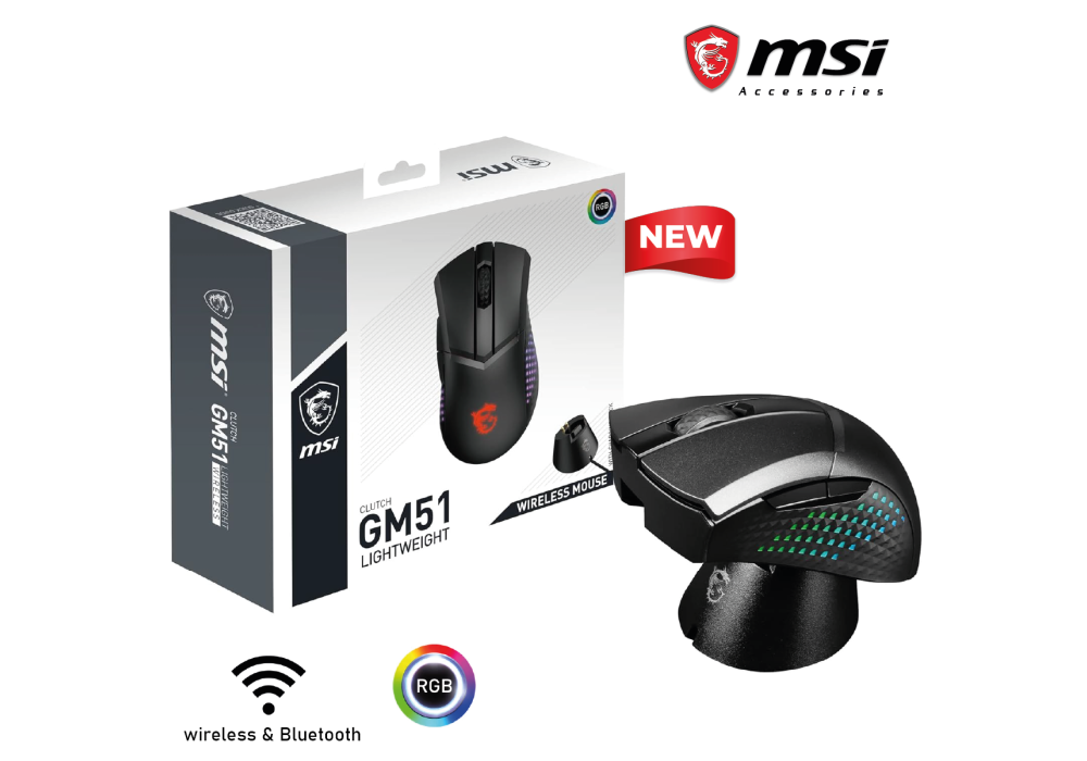 MSI Clutch GM51 Lightweight Wireless Gaming Mouse & Charging Dock, 26K DPI Optical Sensor, 2.4G & Bluetooth, 60M Omron Switches, Fast-Charging 5 Programmable Buttons MSI Clutch GM51 Lightweight Wireless Gaming Mouse & Charging Dock, 26K DPI Optical Sensor, 2.4G & Bluetooth, 60M Omron Switches, Fast-Charging 5 Programmable Buttons