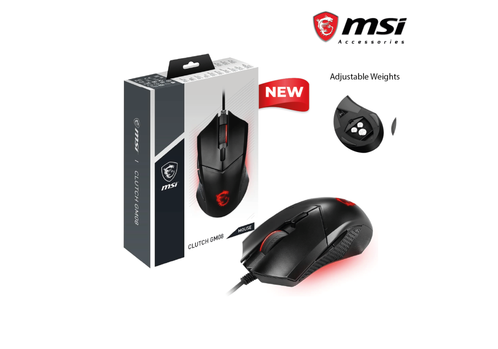 MSI Clutch GM08 Gaming Mouse, 4200 DPI, Optical Sensor, 3 Adjustable Weights, Red LED Lighting, Symmetrical Design, Black