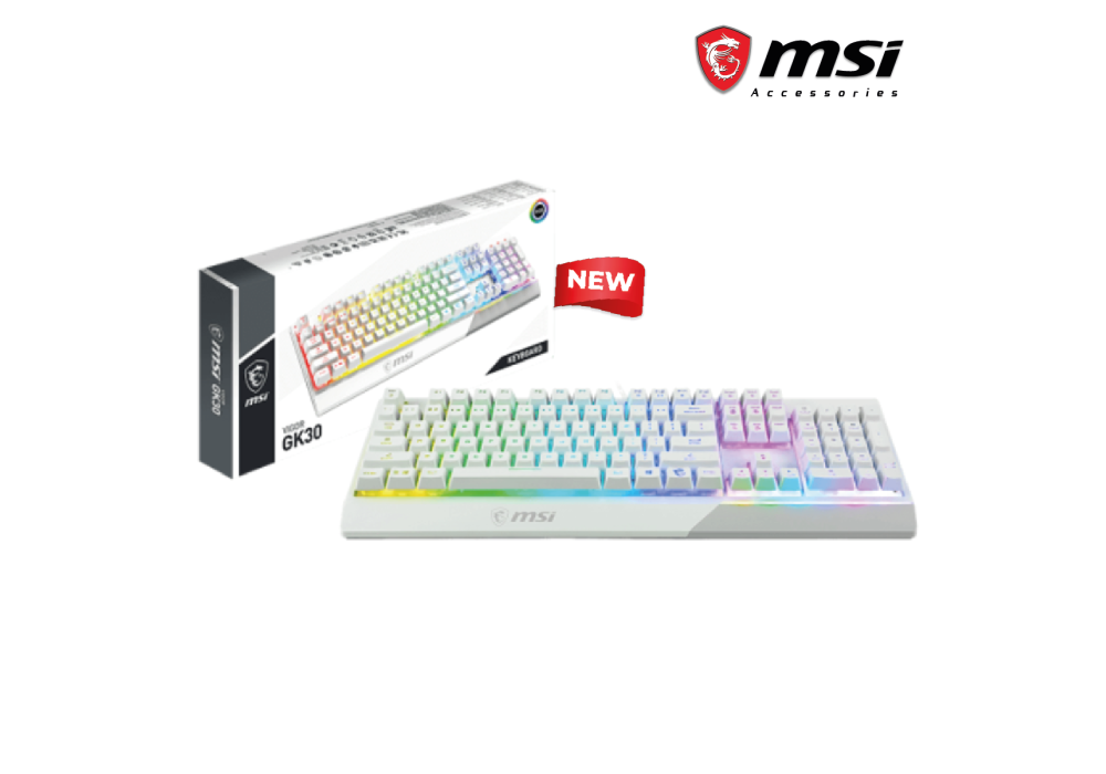 MSI Vigor GK30 RGB Gaming Keyboard, 6-Zone RGB Lighting, Water Repellent & Splash-Proof, Mechanical-Like Plunger Switches, White MSI Vigor GK30 RGB Gaming Keyboard, 6-Zone RGB Lighting, Water Repellent & Splash-Proof, Mechanical-Like Plunger Switches, White