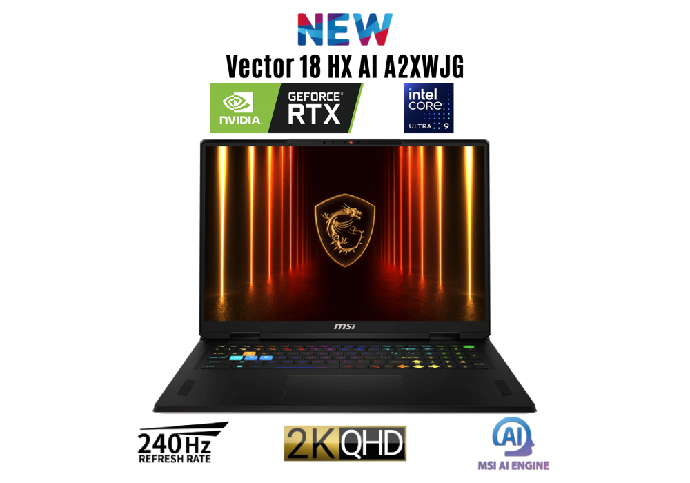 New Laptop MSI Vector 18 HX A2XWJG Intel® Core™ Ultra 9 275HX 24 Core NVIDIA RTX 5090 24GB GDDR7, 64 GB DDR5, 2TB SSD, 18" QHD+ (2560 x 1600) 240Hz IPS, Windows 11 Home, Intel® Killer™ BE Wi-Fi 7 + Bluetooth 5.4 - Cosmos Gray