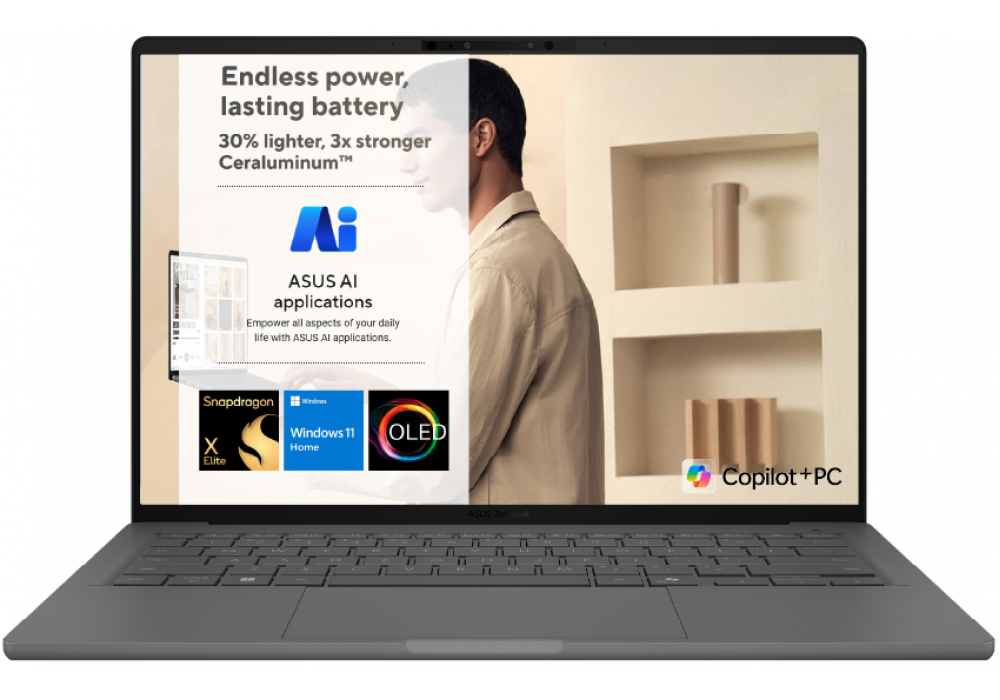 ASUS Zenbook 14 OLED NEW Snapdragon® X Elite X1E 78 100 Processor Qualcomm Adreno GPU 16GB LPDDR5X Huge-Battery 14" FHD+ OLED Windows 11 Home - Iceland Gray ASUS Zenbook 14 OLED NEW Snapdragon® X Elite X1E 78 100 Processor Qualcomm Adreno GPU 16GB LPDDR5X Huge-Battery 14" FHD+ OLED Windows 11 Home - Iceland Gray