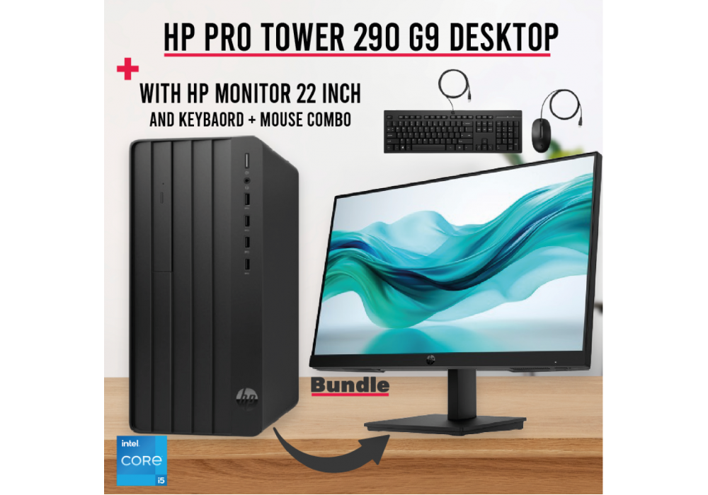 PC HP Pro Tower 290 G9 Desktop Intel Core i5-13500, 16 GB DDR4 (Customized), 512 GB SSD With HP Series 3 Pro 21.5 inch FHD Monitor - 322PF Monitor Bundle | 13th Generation