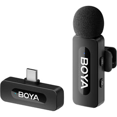 Boya BY-V10 2.4 ghz Omnidirectional Wireless Microphone System with a Transmitter & Receiver for Type-C Devices & Android. for Vlog, Social Media, YouTube Content with Rechargeable Battery. 50m Range - Black