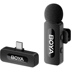 Boya By V10 2.4 Ghz Omnidireional Wireless Microphone System With A Transmitter & Receiver For Type C Devices & Android. For Vlog, Social Media, Youtube Content With Rechargeable Battery. 50m Range Black