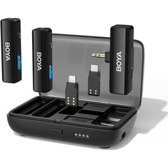 Boya Boyalink All In One Wireless Lavalier Microphone For Iphone Android Dslr Camera With Charging Case, Noise Canceling, 2.4g Dual Channel Lapel Microphone System Usb C For Video Recording Vlogging Black