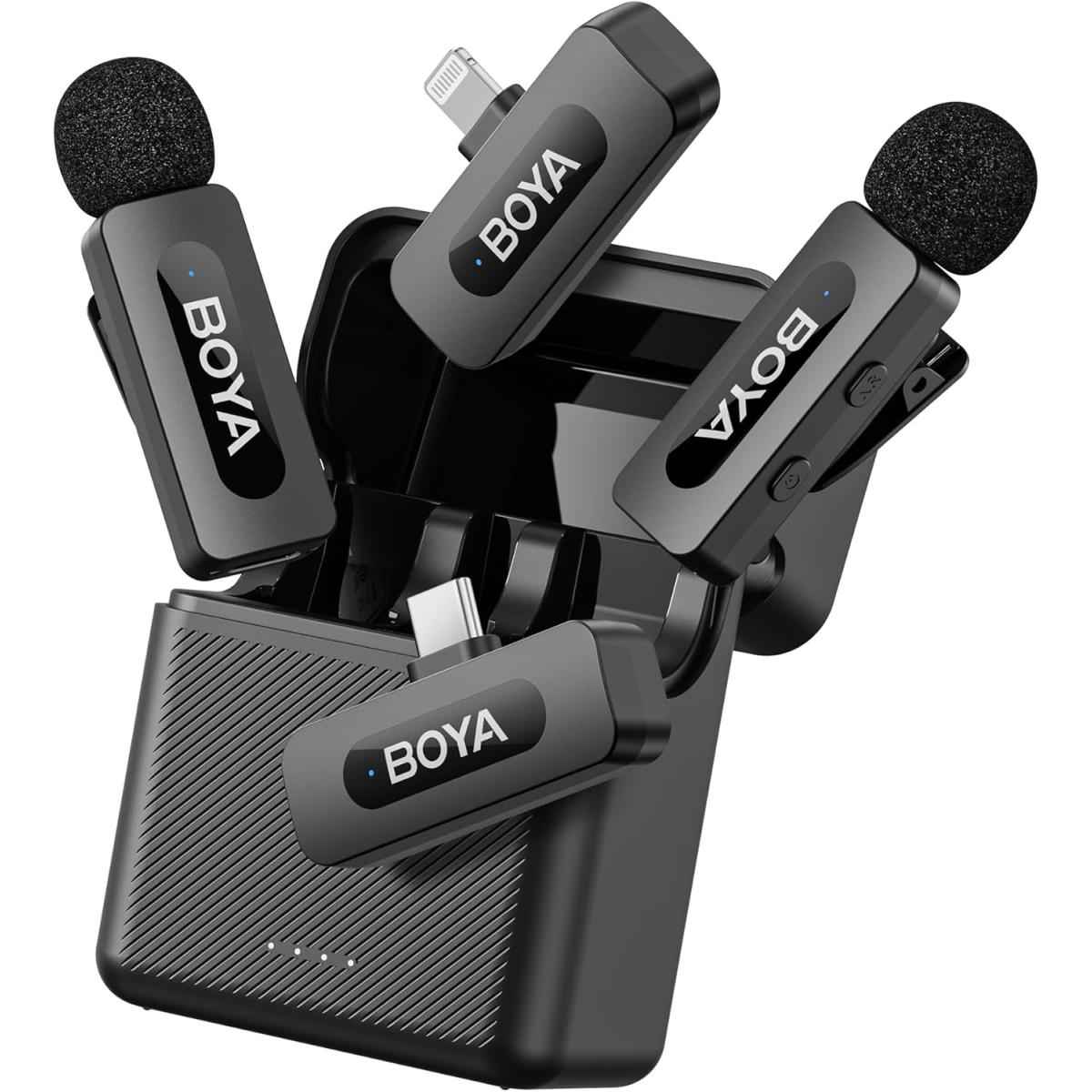 Boya By V3 Combo Wireless Microphone For Iphone Android Smartphone,100m Los Range,36h Duration,noise Cancellation,plug&play Lavalier Lapel Mics For Vlogging Interview 2 In 1 Charging Case(2tx+2rx)