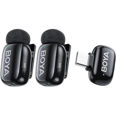 BOYA mini 2-04 Wireless Lavalier Microphone for iPhone 15-17/Android, Noise Cancellation Control, 48kHz/24-Bit, 6H Battery Mini Mic for Video Recording Interview Vlog (2TX + USB-C RX) - Black