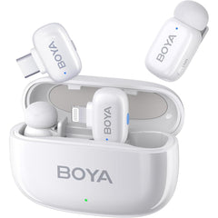 BOYA Mini Wireless Microphone for iPhone/Android/PC/Tablets with USB C/Lightning Plug, MFi Certified, Noise Reduction, AI Voice Changer, 30H Battery Life with Charging Case for Video Recording Podcast - White