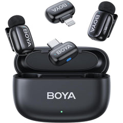 BOYA Mini Wireless Microphone for iPhone/Android/PC/Tablets with USB C/Lightning Plug, MFi Certified, Noise Reduction, AI Voice Changer, 30H Battery Life with Charging Case for Video Recording Podcast - Black