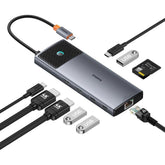 Baseus Hub 10in1 Metal Gleam II Series, USB-C to 1xHDMI, USB-A (10Gbps), USC-C, 2xUSB-A, Ethernet RJ45, SD/TF card, mini-jack 3,5mm, USB-C(PD) - Space Grey