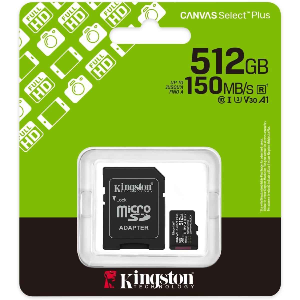 Kingston Sdcs3/512gb Canvas Sele Plus 512 Gb Microsdxc Card Up To 150mb/s A1 Class 10 Uhs I With Adapter