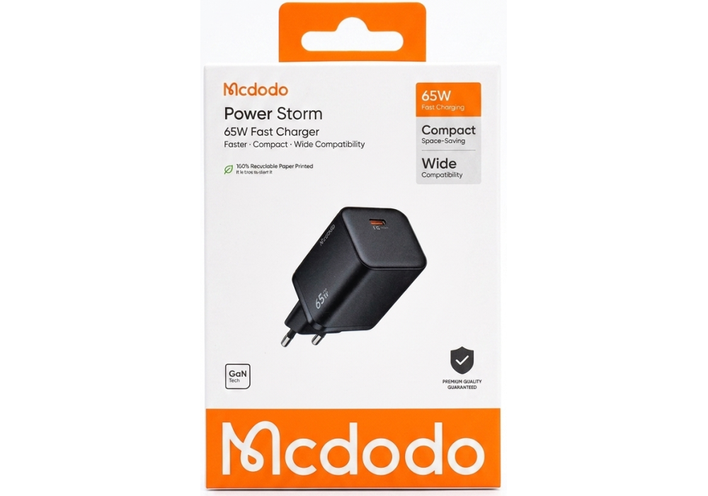 Mcdodo Power Storm 65W GaN Fast Wall Charger – USB-C PD Fast Charging – Compact Design – 18 Months Warranty