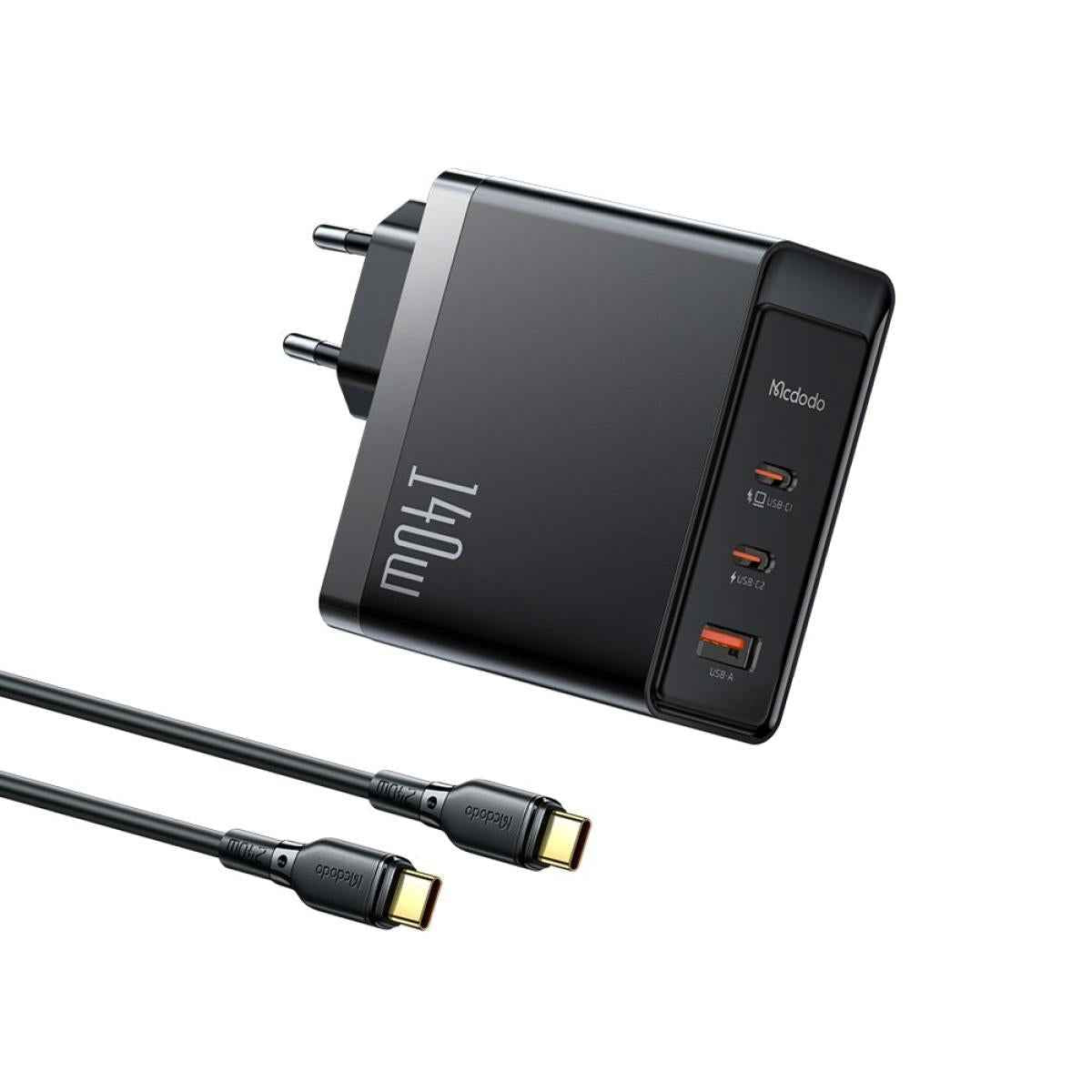 Mcdodo Ch 2913 140w Gan5 Pro Fast Charger With Two Usb C Ports And One Usb A Port + 1.2 M 240w Usb C To Usb C Cable, Compatible With Macbooks, Iphones, Samsung Galaxy, Huawei, Xiaomi, Dell, Lenovo, And More – Black